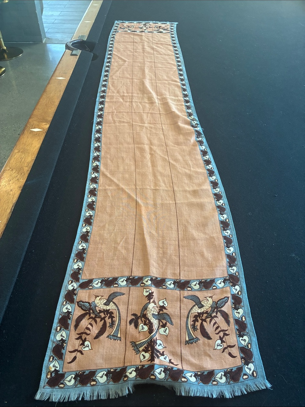 Vintage Linen Brown and Blue Bird Motif Scarf